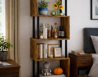 S Shaped Bookshelf 5 Tier Rustic Wood Bookcase Geometric Storage Shelf Industrial Display Shelves Living Room Bedroom Office Organizer