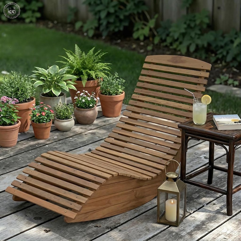 Op de afbeelding: Een houten chaise longue met latten, ideaal voor buiten, omringd door potplanten. Een kleine bijzettafel bevat een drankje met een schijfje citroen en een boek. Een verlichte lantaarn draagt bij aan de sfeer.