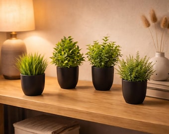 Small Artificial Potted Plants Set Of 4 | Realistic Faux Greenery Plant Pots | Mini Fake Grass Plants For Desk | Minimalist Bathroom Decor