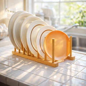 May include: A wooden plate rack holding several white and orange plates. The plates are arranged in a row, with the orange plate at the end. The rack is made of light-colored wood and sits on a tiled surface.
