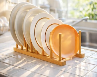 Bamboo Wooden Dish Racks Plate Stand Holder Vertical Drainer Kitchenfor Dish, Pots, Lids, Bowls, Cups, and Cutting Boards and Books(2 Packs)