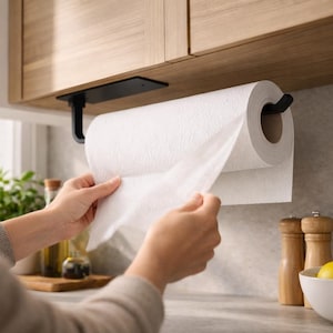 May include: A black metal paper towel holder mounted under a wooden cabinet. A roll of white paper towels is in the holder, with a sheet being pulled down. Kitchen decor.