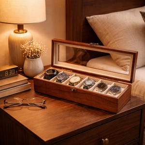 May include: A wooden watch display case with a glass top, showcasing six wristwatches with various band and face designs. The case is open, revealing the watches resting on cream-colored cushions. The case sits on a wooden nightstand.