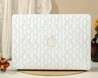 Funda protectora rígida para MacBook con estampado floral y rayas azules para MacBook New Neo Air 15/13/11 (modelo 2026) y MacBook Pro 16/15/14/13 pulgadas (modelos M5, M4, M3, M2, M1).