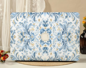 Funda protectora rígida azul vintage con estampado floral para MacBook, compatible con MacBook Pro 16/15/14/13 pulgadas (modelos M5, M4, M3, M2 y M1) y modelos New Neo Air 2026.