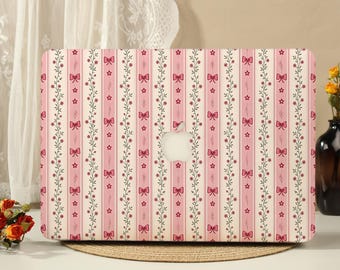 Funda protectora rígida para MacBook con lazo rosa, estampado floral y rayas, compatible con MacBook Pro 16/15/14/13 M5 M4 M3 M2 M1 (modelo 2026).