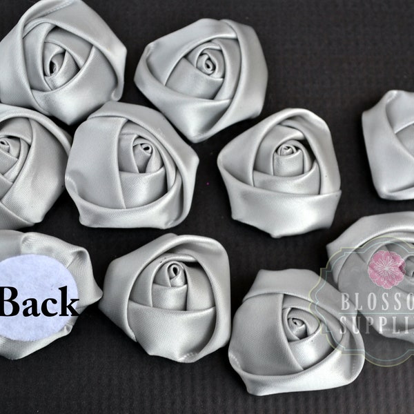 SILVER - The Mary Collection - 1.5" Mini Satin Rolled Rossettes - DIY Flower Headbands - Petite Flowers - Wholesale Flowers Roses Blossom