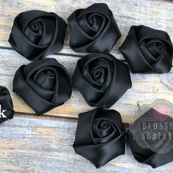 BLACK - The Mary Collection - 1.5" Mini Satin Rolled Rossettes - DIY Flower Headbands - Petite Flowers - Wholesale Flowers Roses Blossoms