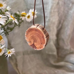 Pode incluir: Um colar com pingente de madeira artesanal. O pingente &eacute; uma se&ccedil;&atilde;o transversal de um tronco de &aacute;rvore, mostrando o gr&atilde;o natural da madeira e tons marrons quentes. Ele pende de um cord&atilde;o marrom, criando uma est&eacute;tica r&uacute;stica e terrosa.