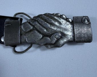 Vintage 1976 Bergamot Brass Works Handshake Belt Buckle Black Leather USA Made