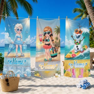 Frozen Beach Towel Personalized Name Kids Pool Towel Elsa Anna Olaf Summer Vacation Bath Towel Gift image 2