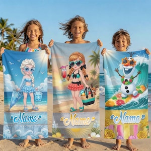 May include: Beach towels featuring cartoon characters in a beach setting. Each towel has a different character, including Elsa, Anna, and Olaf. The towels have a blue, yellow, and white color scheme, with the word "Name" on the bottom.