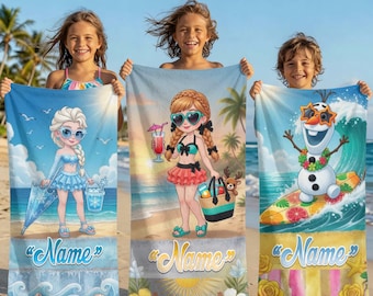 Frozen Beach Towel Personalized Name Kids Pool Towel Elsa Anna Olaf Summer Vacation Bath Towel Gift
