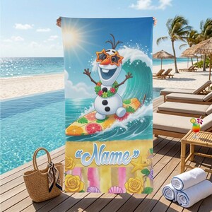 May include: A beach towel featuring a cartoon snowman surfing a wave. The snowman wears sunglasses and a lei. The towel has a blue sky and ocean background, with the word "Name" on the bottom.