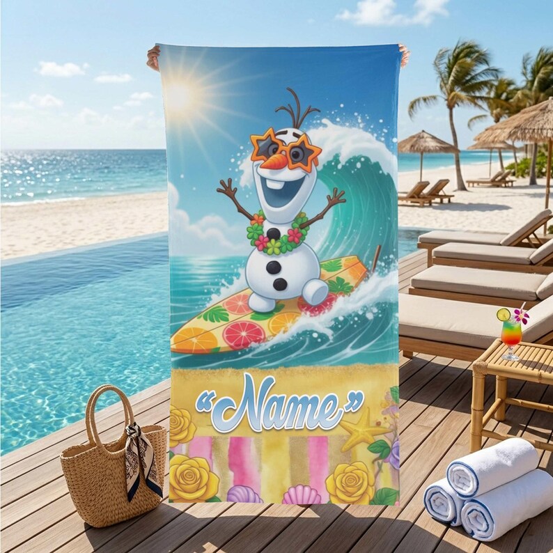 May include: A beach towel featuring a cartoon snowman surfing a wave. The snowman wears sunglasses and a lei. The towel has a blue sky and ocean background, with the word "Name" on the bottom.