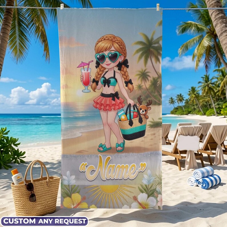 May include: Beach towel featuring a cartoon girl in a swimsuit, holding a cocktail and a beach bag with a deer plush. The towel has a beach scene background with the text "Name" and "Custom Any Request".
