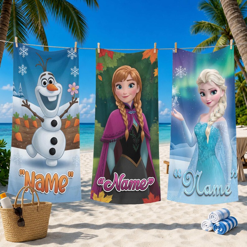 May include: Three beach towels hanging on a clothesline, each featuring a character from the animated film "Frozen." One towel shows Olaf the snowman, another Anna, and the third Elsa. Each towel has the word "Name" in a decorative font.