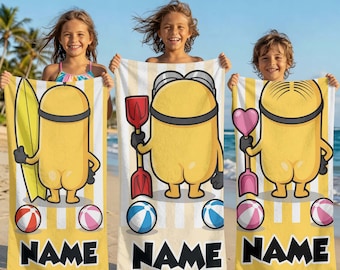 Personalized Minyons Beach Towel Custom Name Kids Pool Towel Funny Yellow Character Cartoon Summer Vacation Gift Bath Towel