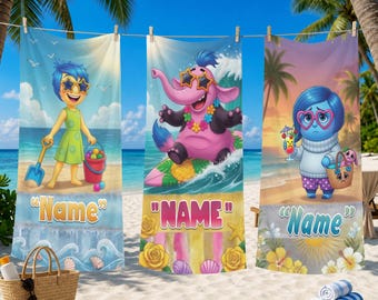 Toalha de Praia Divertida Mente Personalizada com Nome, Toalha de Piscina Infantil, Alegria e Tristeza, Toalha de Banho para Férias de Verão, Presente