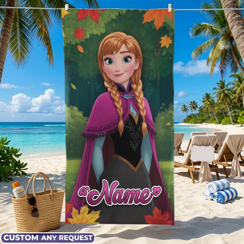 May include: A beach towel featuring a cartoon character with auburn braids, wearing a purple cape and black dress. The towel has a forest background with autumn leaves and the text "Name" in a cursive font. The bottom of the towel reads "CUSTOM ANY REQUEST".