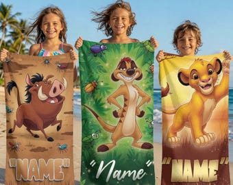 Personalized Lion King Beach Towel Custom Name Kids Pool Towel Simba Summer Vacation Gift Cartoon Bath Towel