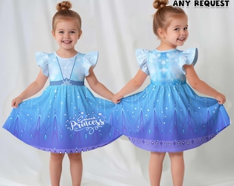 Elsa Princess Blue Dress Toddler Girl Snow Dress Birthday Outfit Winter Princess Dress Custom Name Kids Party Dress Gift
