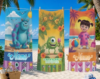 Toalha de Praia Monstros Personalizada com Nome, Toalha de Piscina Infantil Sulley Mike Boo, Presente para Férias de Verão, Toalha de Banho