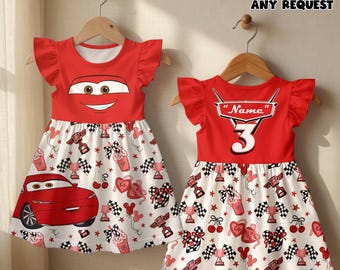 Disney Cars-meisjesjurk gepersonaliseerde Lightning McQueen-outfit aangepaste naam Racing verjaardagsjurk peutercadeau voor meisjes