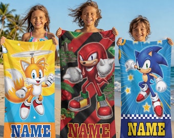 Personalized Sonic Beach Towel Custom Name Kids Pool Towel Tails Knuckles Summer Vacation Gift Bath Towel