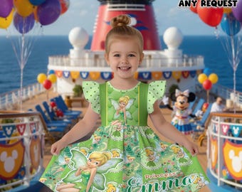 Tinker Bell Personalized Girl Dress Disney Fairy Princess Outfit Custom Name Birthday Dress Magical Vacation Gift For Kids