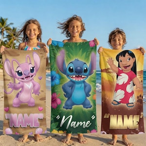 May include: Three beach towels featuring characters from the animated film Lilo & Stitch. One towel features Angel, another Stitch, and the third Lilo. Each towel has a personalized name section and is set against a beach backdrop.