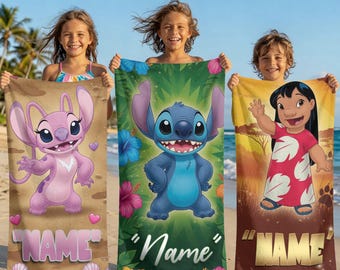Cute Alien Beach Towel Personalized Name Kids Pool Towel Stitch Inspired Summer Vacation Gift Bath Towel For Girls
