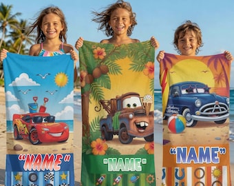 Cars Beach Towel Personalized Name Kids Pool Towel Lightning McQueen Mater Summer Vacation Gift Bath Towel