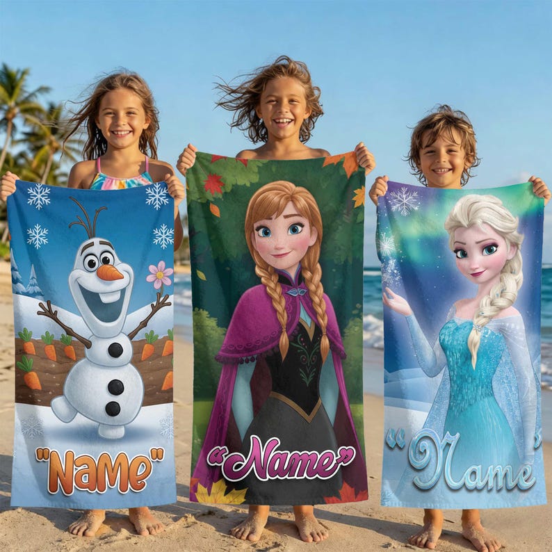 May include: Three children holding personalized beach towels featuring characters from the movie Frozen. The towels display Olaf, Anna, and Elsa, with space for a name. The towels are blue, green, and purple.
