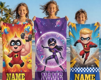 Superhero Beach Towel Personalized Name Kids Pool Towel Incredibles Inspired Summer Vacation Bath Towel Gift