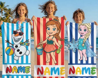 Toalha de Praia Frozen Summer Personalizada com Nome, Toalha de Piscina Infantil, Elsa, Anna e Olaf, Presente de Férias, Toalha de Banho