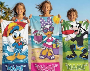 Disney Summer Beach Towel Personalized Name Kids Pool Towel Donald Daisy Goofy Vacation Bath Towel Gift