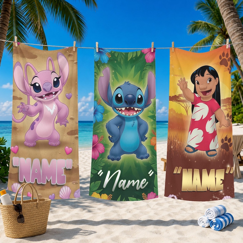 May include: Three beach towels featuring characters from the animated film Lilo & Stitch. One towel features Angel, another Stitch, and the third Lilo. Each towel has a name placeholder. The towels are hanging on a clothesline on a sunny beach.