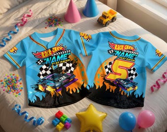 Hot Wheels Lets Race verjaardagsshirt honkbalshirt kinderen gepersonaliseerde naam leeftijd neon outfit raceauto