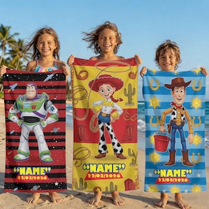 May include: Three beach towels featuring Toy Story characters Buzz Lightyear, Jessie, and Woody. The towels have personalized text and dates. Buzz's towel is red and black striped, Jessie's is yellow and red, and Woody's is blue.