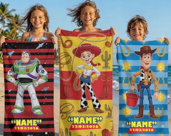 Toy Story Beach Towel Personalized Name Birthday Pool Towel Woody Buzz Jessie Summer Vacation Gift Kids Bath Towel