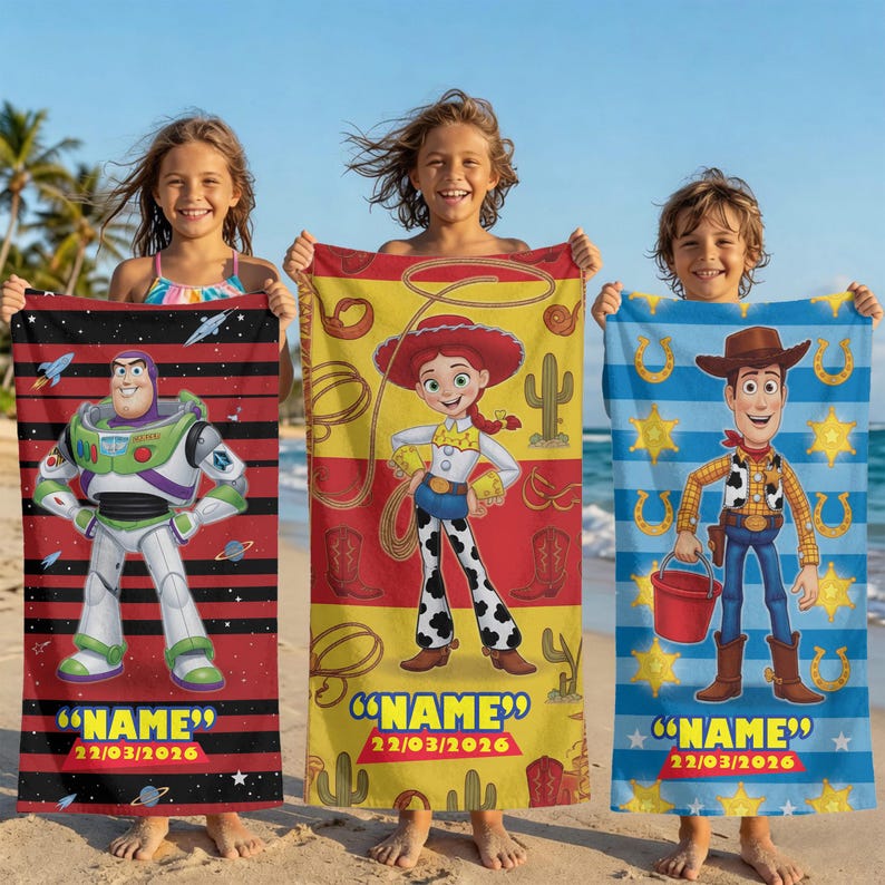 May include: Three beach towels featuring Toy Story characters Buzz Lightyear, Jessie, and Woody. The towels have personalized text and dates. Buzz's towel is red and black striped, Jessie's is yellow and red, and Woody's is blue.