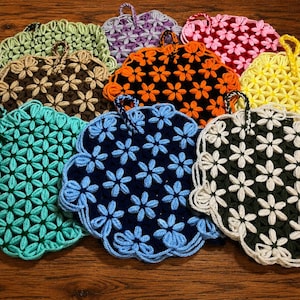 Handmade Crochet Hot Pads | Floral Cotton Trivets | Flower Potholders | 100% Cotton Hot Pads | Kitchen Gift | Set Options | 9 Color Combos