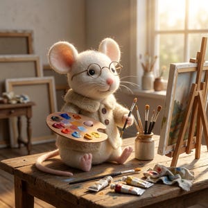 Może przedstawiać: Urocza biała mysz artysta w okularach i beżowym płaszczu, trzymająca drewnianą paletę z kolorowymi farbami i pędzlem. Sztaluga z obrazem po prawej stronie, z tubkami farb i pędzlami na drewnianym stole.
