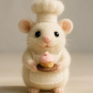 May include: A cream-coloured felt mouse figurine, dressed as a chef with a hat and apron, holding a cupcake on a small brown plate. The mouse has black eyes, pink ears and nose. The figurine is intricately detailed.