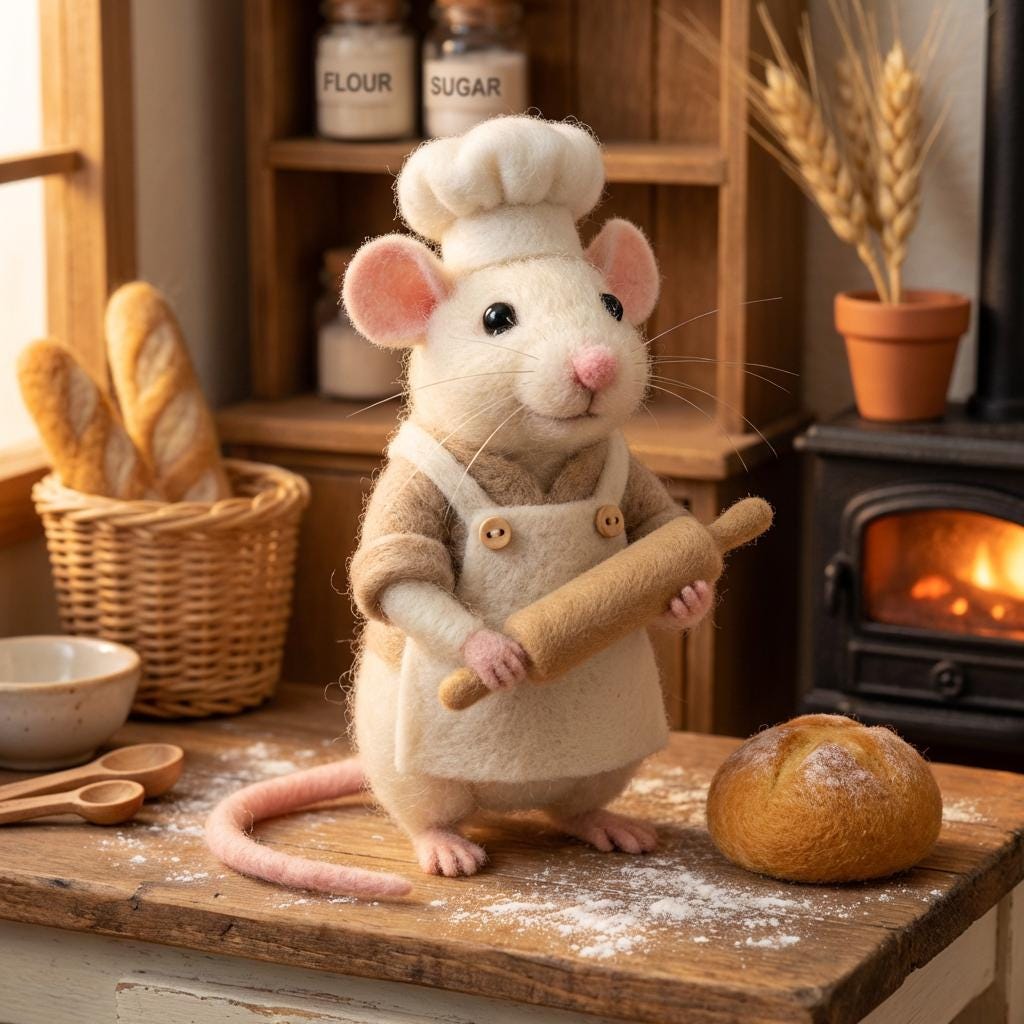 Figura de ratón panadero de fieltro de aguja, ratón chef de lana con rodillo, decoración de cocina estilo cottagecore