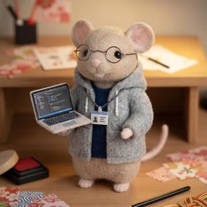 Peut inclure: Figurine de souris en feutre portant des lunettes, un sweat à capuche gris et un badge nominatif, tenant un ordinateur portable miniature affichant du code. La souris a un corps brun clair, des oreilles roses et une longue queue.