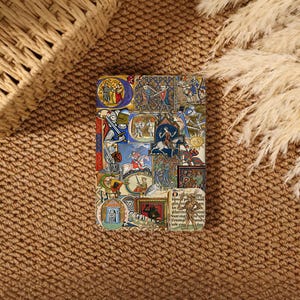 May include: A rectangular decorative plaque featuring a collage of medieval manuscript illustrations. The artwork displays knights in armor, combat scenes, horses, and heraldic symbols in vibrant colors. A section of Latin-style text is visible.