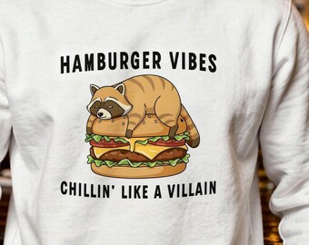 Hamburger Vibes Crewneck Sweatshirt – Raccoon Burger Design, Minimalist Foodie Apparel