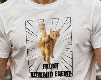 Front Toward Enemy Cat Graphic Tee – Military Humor Shirt